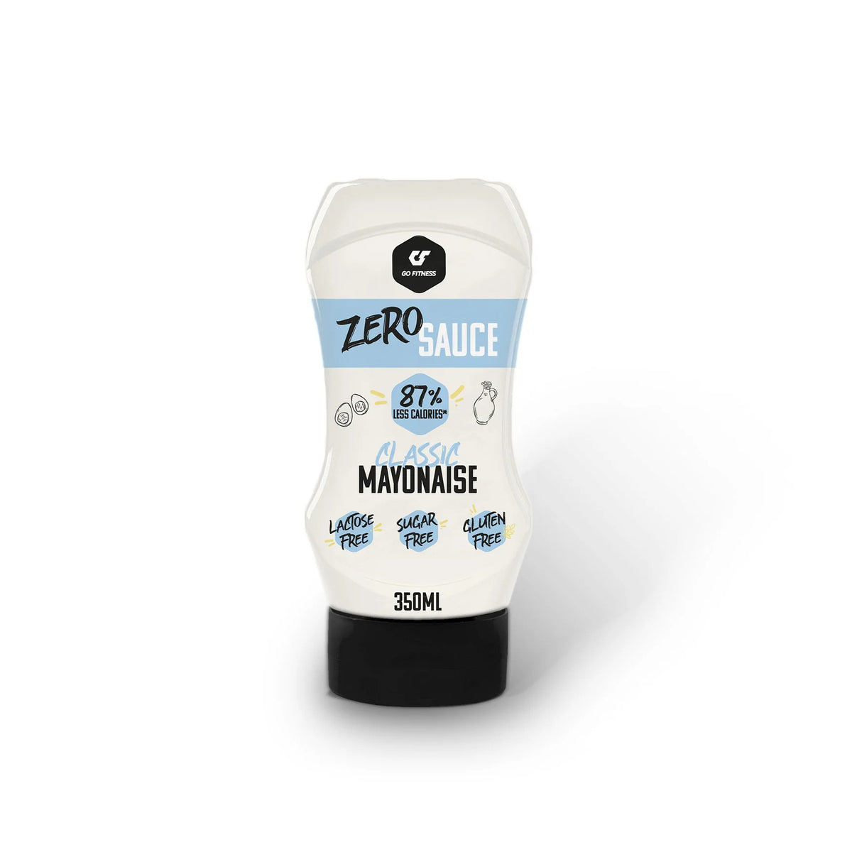 GoFitness Nutrition Zero Sauce 350 ml, Classic Mayonnaise, weiße Saucenflasche mit blauem Etikett.