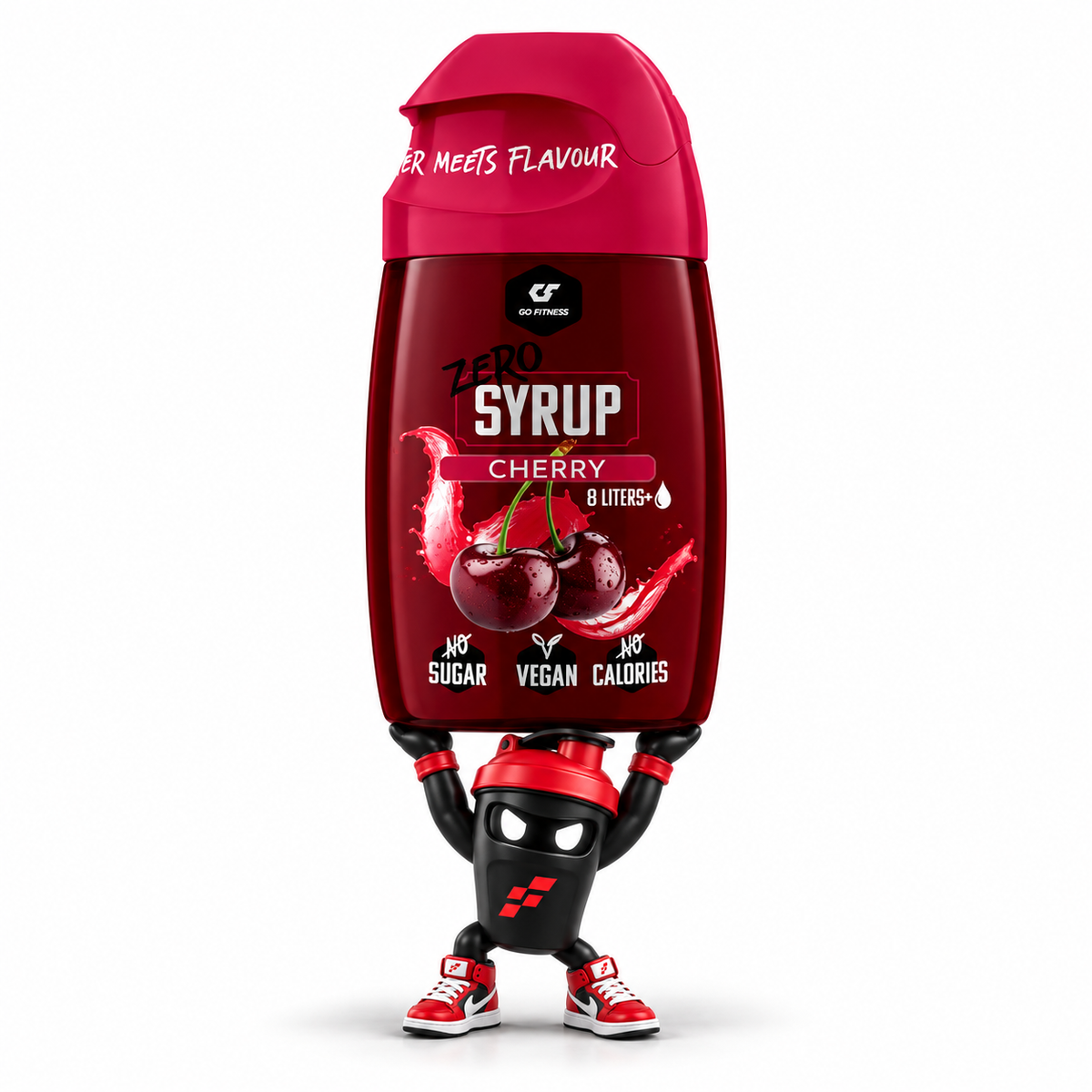GoFitness Nutrition Zero Syrup - 65 ml, Cherry-Sirupflasche mit rotem Deckel, getragen vom Shaker-Maskottchen.