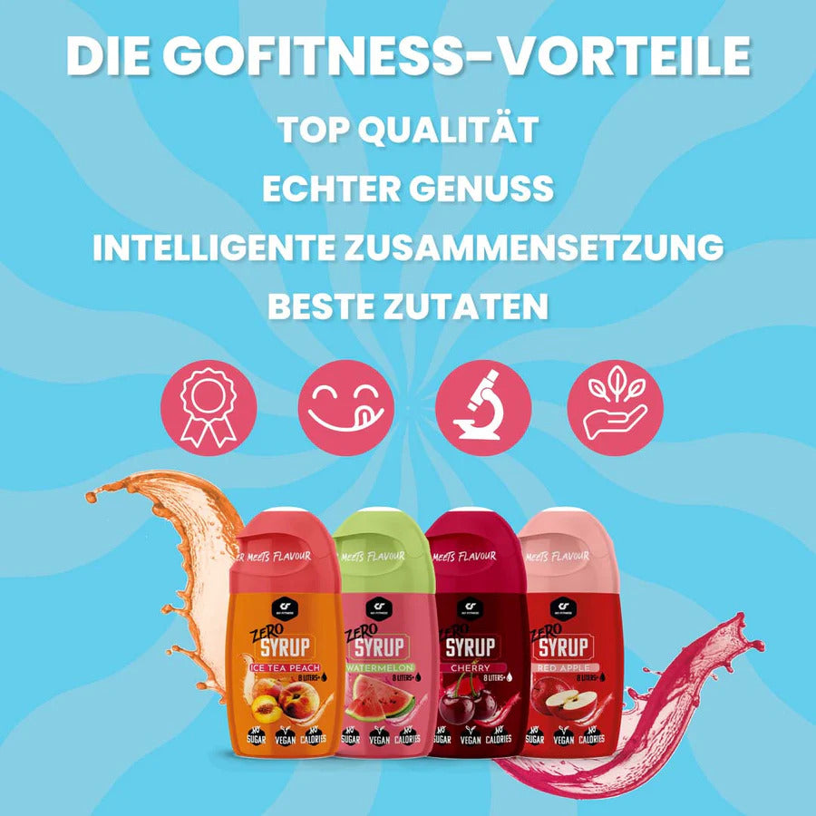 GoFitness Nutrition Zero Syrup - 65 ml, Infografik mit vier Sirupflaschen und Aussagen zur Produktqualität.