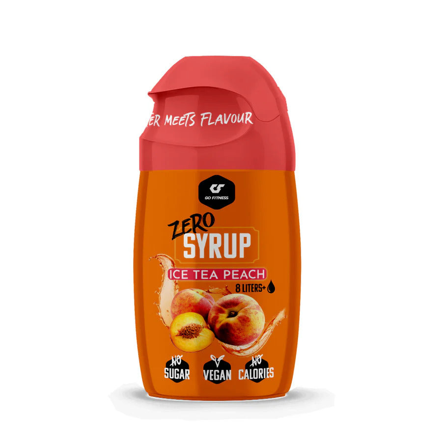 GoFitness Nutrition Zero Syrup - 65 ml, Orangefarbene Sirupflasche Ice Tea Peach.