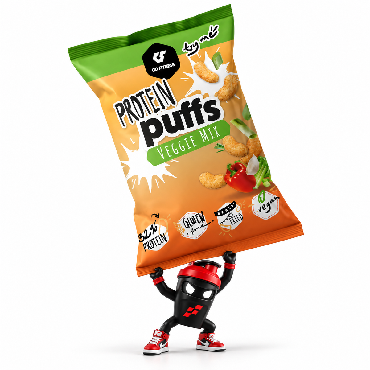 GOFITNESS Protein Puffs 50g, Beutel Veggie Mix mit Shaker-Maskottchen.