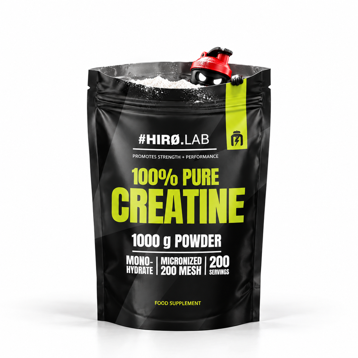 HIRO LAB 100% CREATINE 1000g, Schwarz-gelber Beutel mit Shaker-Maskottchen im weißen Pulver.