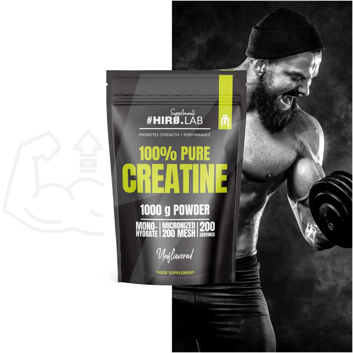 HIRO LAB 100% CREATINE 1000g, Beutel neben einem Sportler beim Kurzhanteltraining.