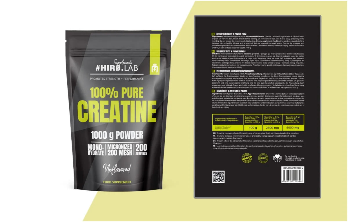 HIRO LAB 100% CREATINE 1000g, Beutel neben Rückseitenetikett mit Inhaltsstoffen, Verzehrhinweisen und Barcode.