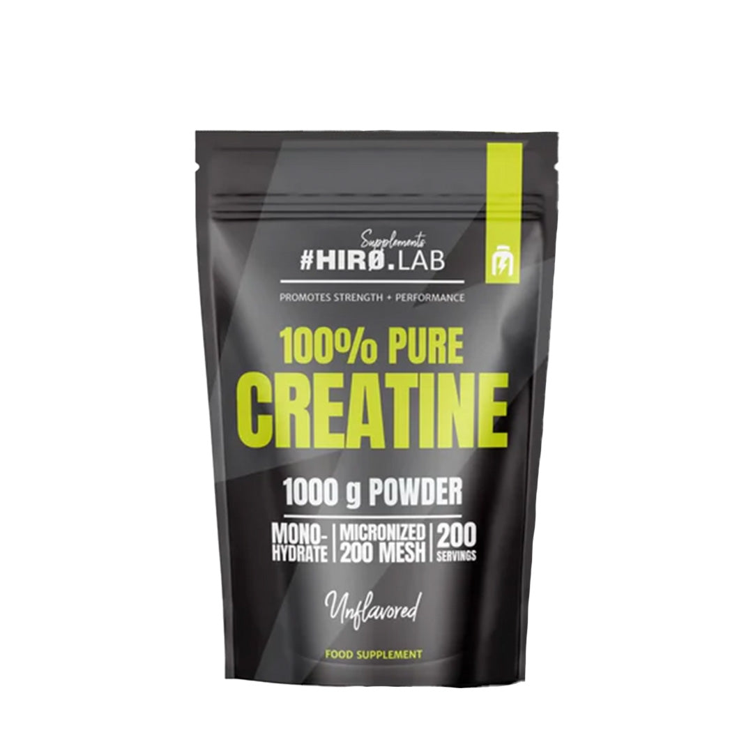 HIRO LAB 100% CREATINE 1000g, Schwarz-gelber Beutel Unflavored, Vorderansicht.