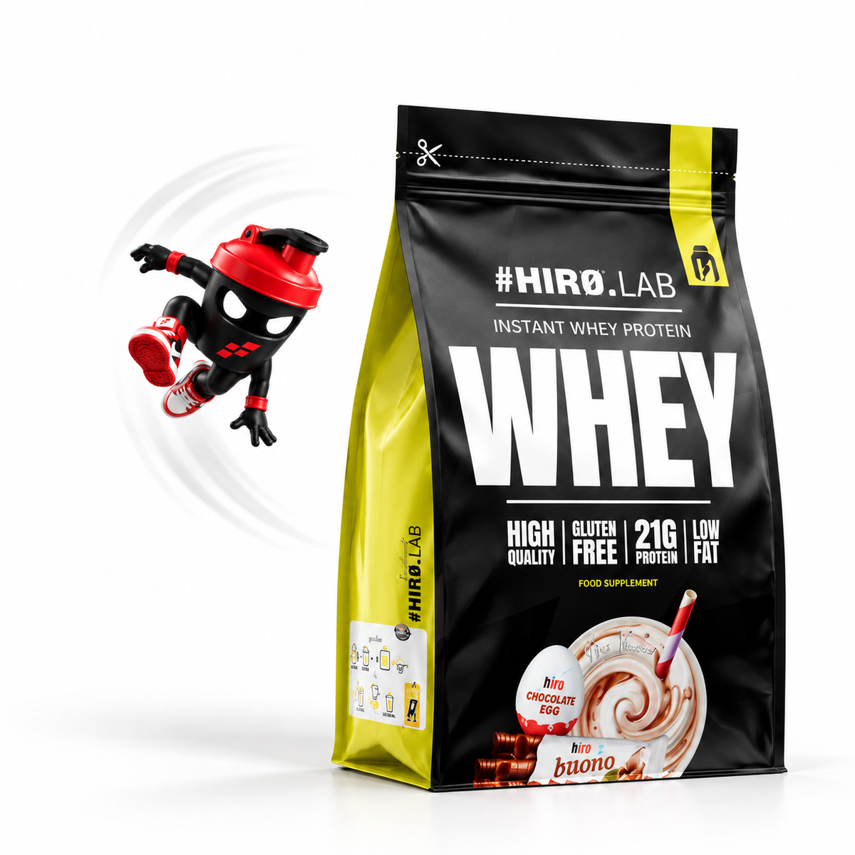 Hiro Lab Instant Whey Protein 750g, Schwarz-gelber Beutel mit Shake-Motiv und Shaker-Maskottchen.