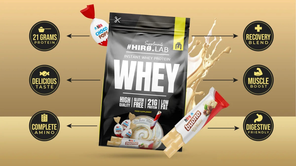 Hiro Lab Instant Whey Protein 750g, Infografik mit Beutel, Süßigkeitenmotiven und englischen Werbetexten.