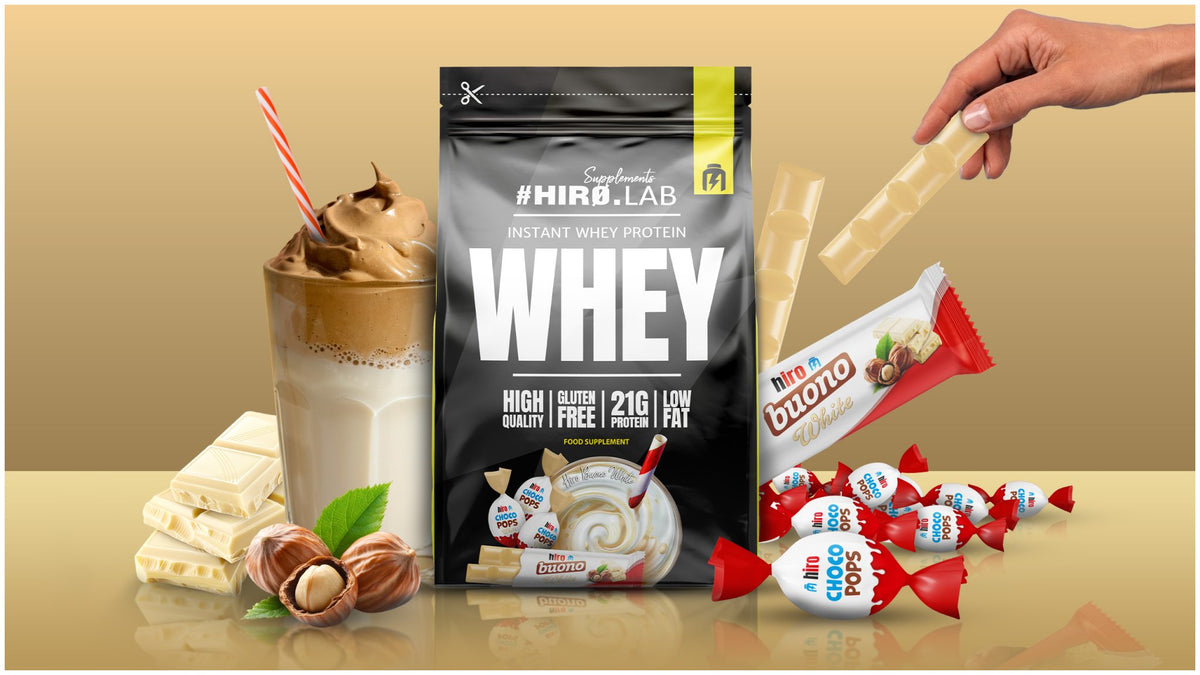 Hiro Lab Instant Whey Protein 750g, Beutel mit hellem Shake, Haselnüssen und weißen Schokoladenmotiven.
