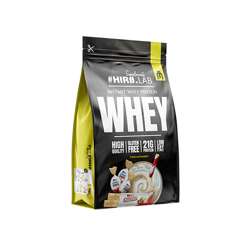 Hiro Lab Instant Whey Protein 750g, Schwarz-gelber Beutel mit hellem Shake und Süßigkeitenmotiven.