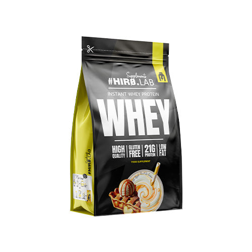 Hiro Lab Instant Whey Protein 750g, Schwarz-gelber Beutel mit Karamell- und Schokoladenmotiven.