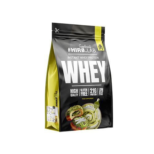 Hiro Lab Instant Whey Protein 750g, Schwarz-gelber Beutel mit Pistaziengebäck-Motiven.