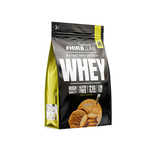 Hiro Lab Instant Whey Protein 750g, Schwarz-gelber Beutel mit Bananen- und Karamellmotiven.