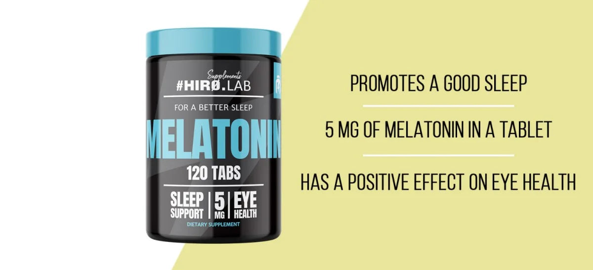 Hiro Lab Melatonin 5 mg – 120 Tabletten, Dose neben englischen Werbeaussagen auf gelbem Hintergrund.