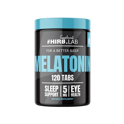 Hiro Lab Melatonin 5 mg – 120 Tabletten, Schwarze Dose mit türkisfarbenem Deckel, Vorderansicht.
