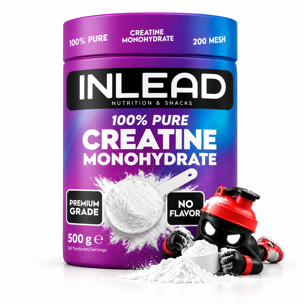 Inlead Creatine Monohydrate 500g, Bunt schimmernde Dose mit weißem Pulver und Shaker-Maskottchen.