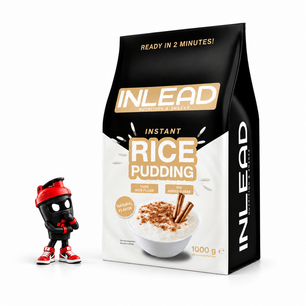 Inlead Instant Rice Pudding, Schwarz-weißer Beutel mit Schüsselmotiv und Shaker-Maskottchen.