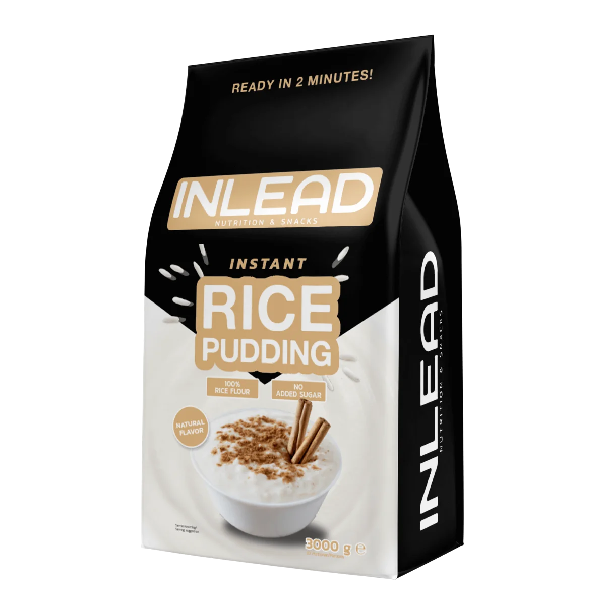 Inlead Instant Rice Pudding, Schwarz-weißer Beutel, Vorderansicht.