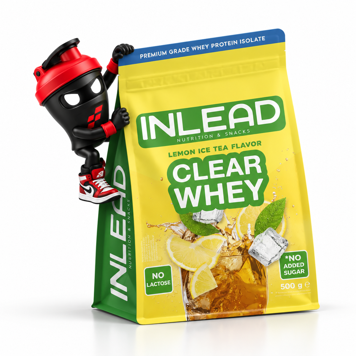 Inlead Nutrition Clear Whey Isolate 500g, Gelb-grüner Lemon-Ice-Tea-Beutel mit Shaker-Maskottchen.