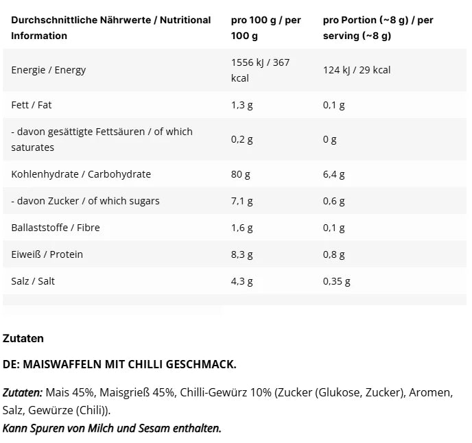Inlead Nutrition Corn Cakes 120g Chili, Nährwerttabelle und Zutatenliste der Chili-Maiswaffeln.