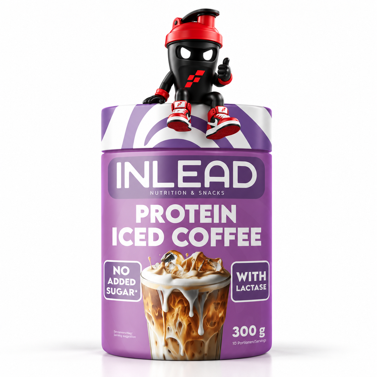 Inlead Nutrition Protein Iced Coffee 300g, Lilafarbene Dose mit Eiskaffeemotiv und Shaker-Maskottchen.