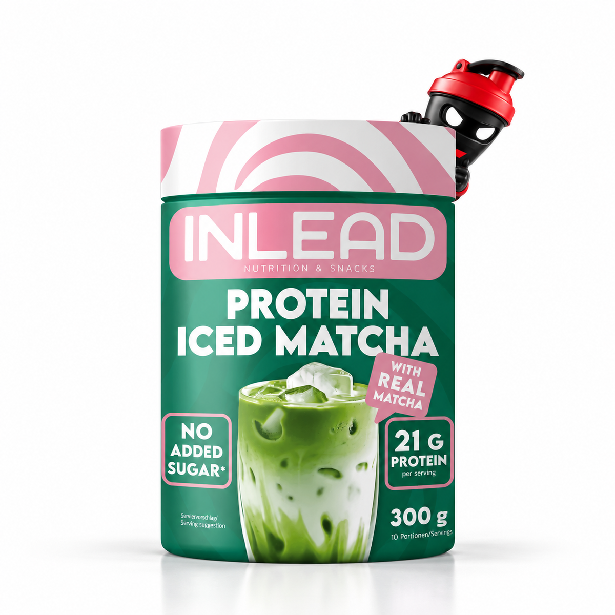Inlead Nutrition Protein Iced Matcha 300g, Grün-rosa Dose mit Matchaglas-Motiv und Shaker-Maskottchen.