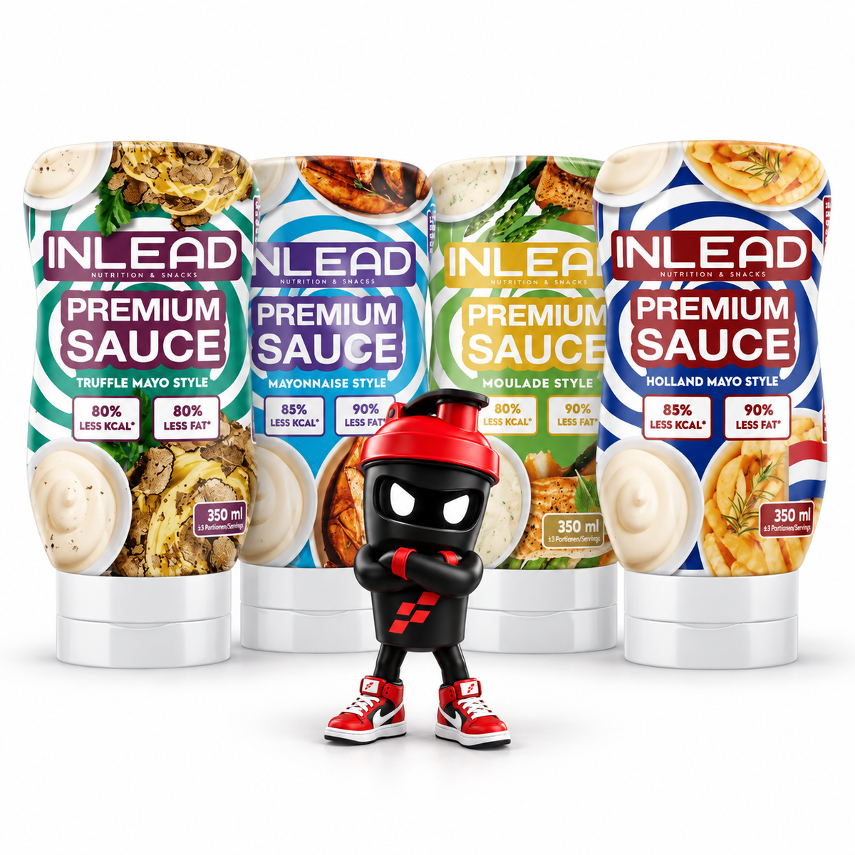 Inlead Premium Sauce 350ml, Vier Saucenflaschen mit weißen Deckeln und Shaker-Maskottchen.