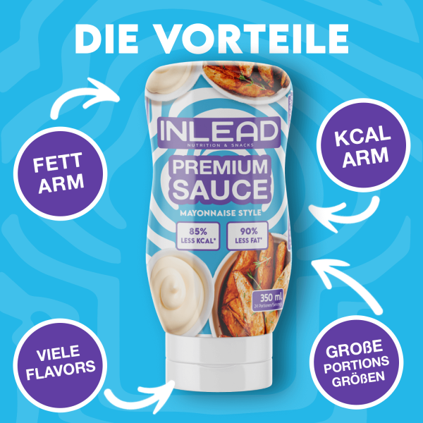 Inlead Premium Sauce 350ml, Infografik mit Mayonnaise-Style-Flasche und beworbenen Eigenschaften.