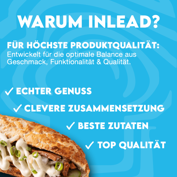 Inlead Premium Sauce 350ml, Infografik mit Sandwichmotiv und Aussagen zur Produktqualität.