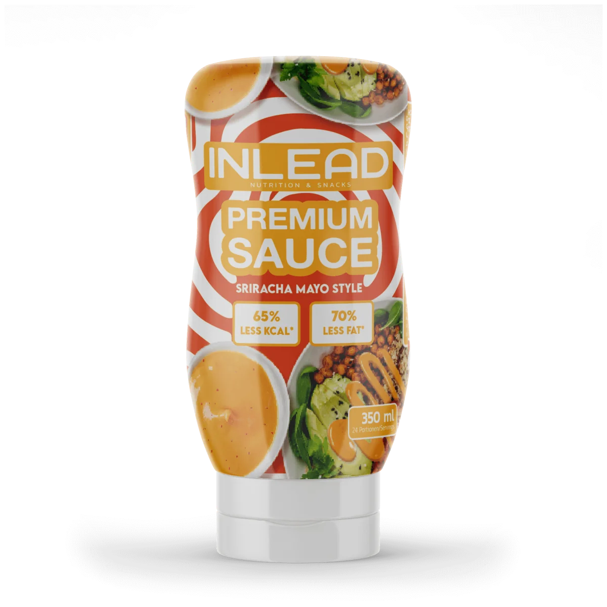 Inlead Premium Sauce 350ml, Sriracha Mayo Style, orange-weiße Flasche.