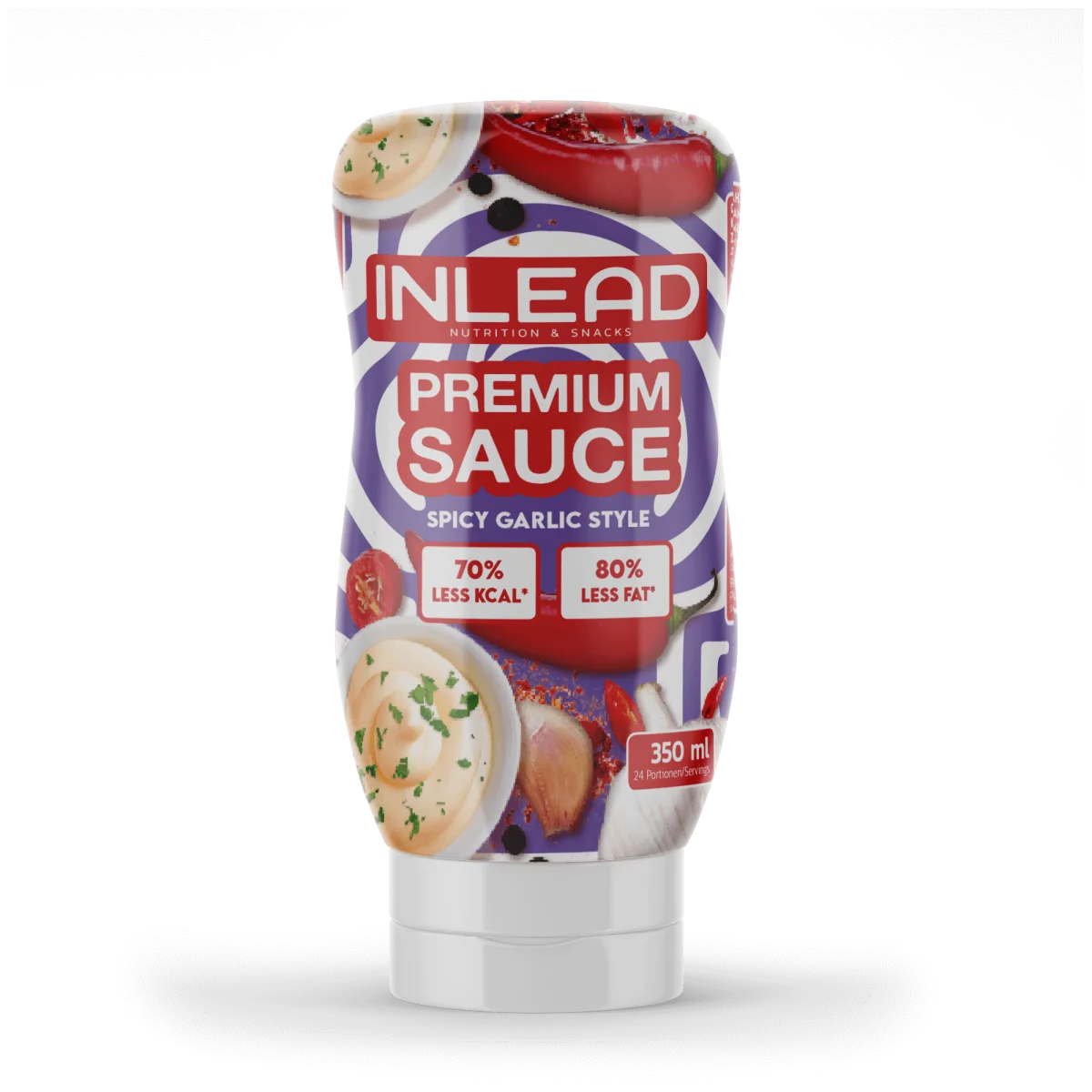Inlead Premium Sauce 350ml, Spicy Garlic Style, violett-weiße Flasche.