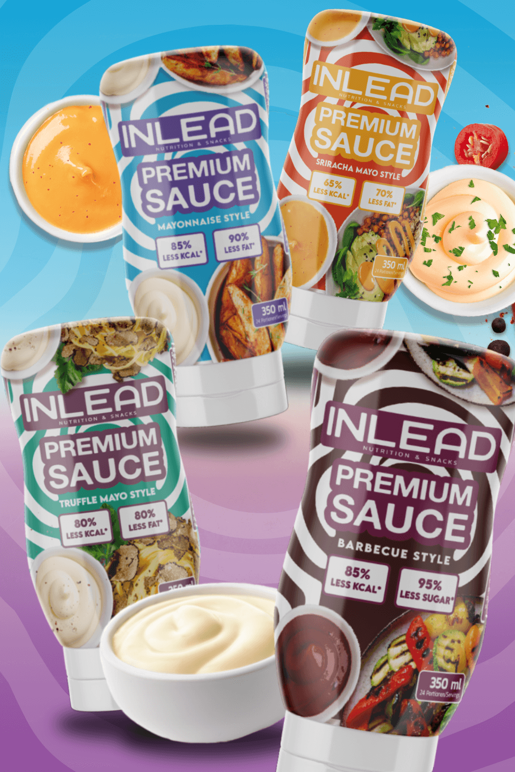 Inlead Premium Sauce 350ml, Vier Saucenflaschen mit Dip-Schalen vor blau-lila Hintergrund.