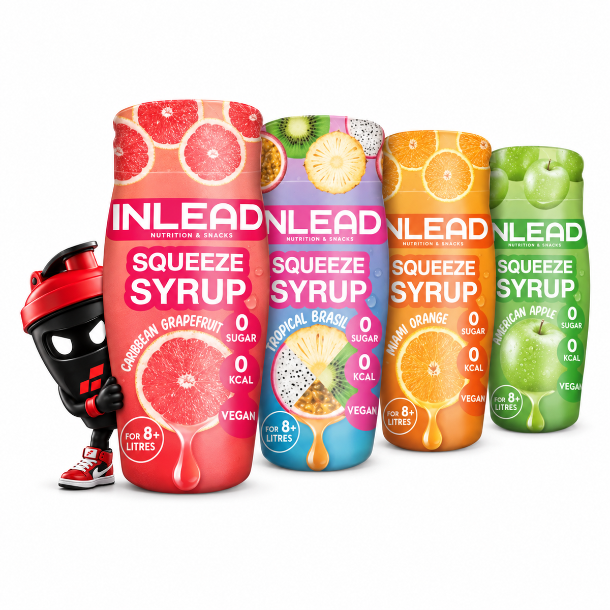 Inlead Squeeze Syrup 65ml, Vier Sirupflaschen mit Fruchtmotiven und Shaker-Maskottchen.