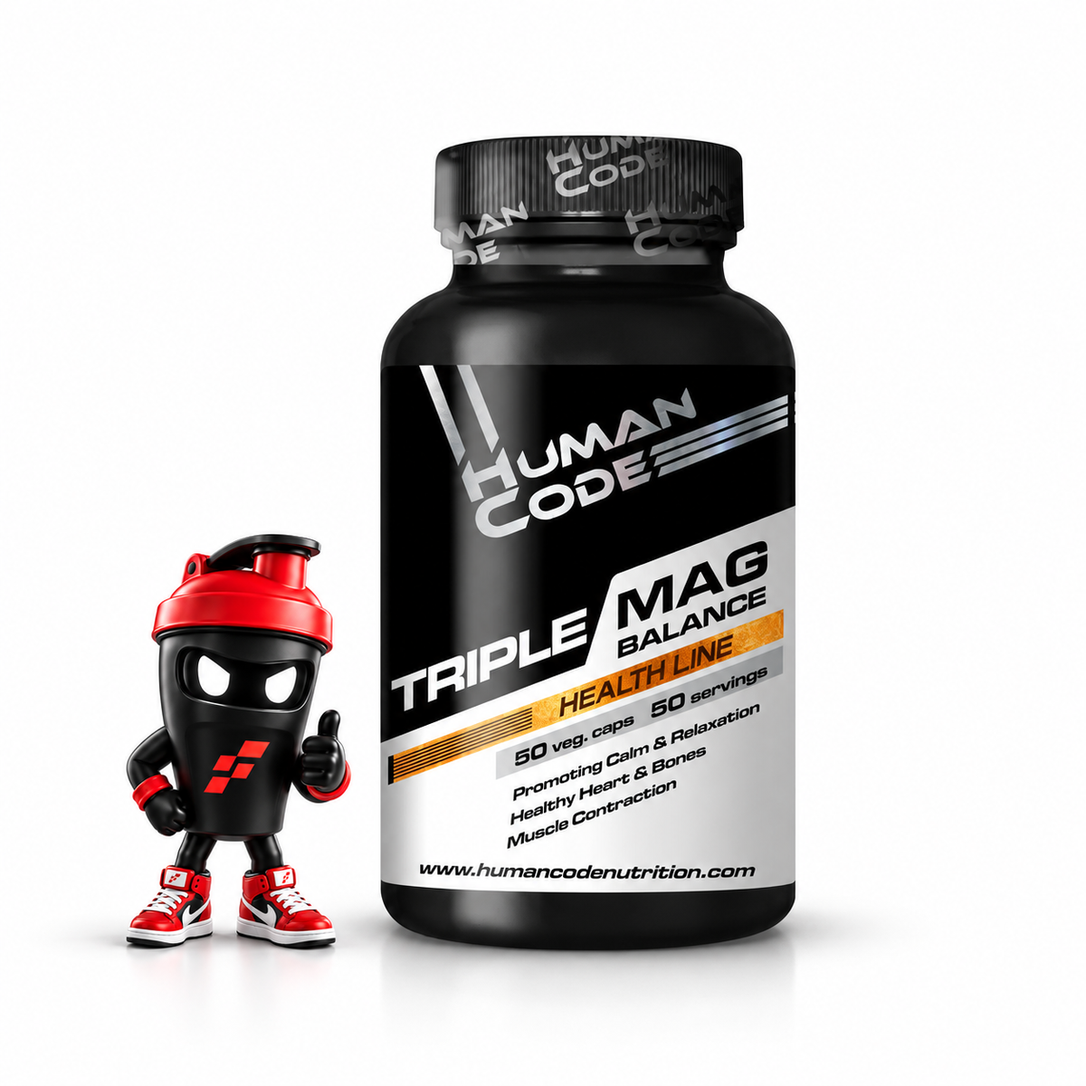 Human Code Triple Mag Balance, Schwarze Kapseldose mit weiß-orangefarbenem Etikett und Shaker-Maskottchen.