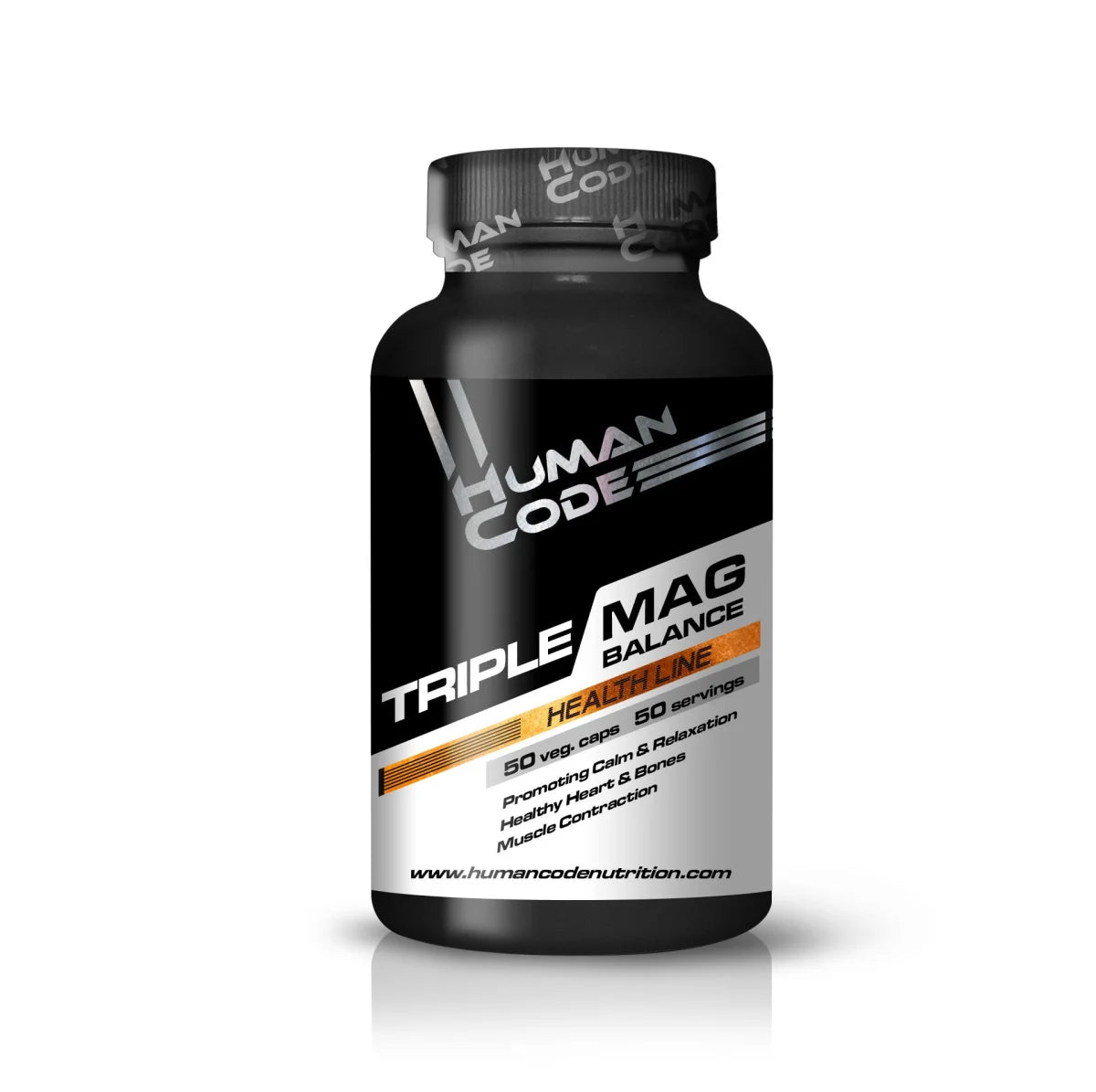 Human Code Triple Mag Balance, Schwarze Kapseldose mit weiß-orangefarbenem Etikett, Vorderansicht.