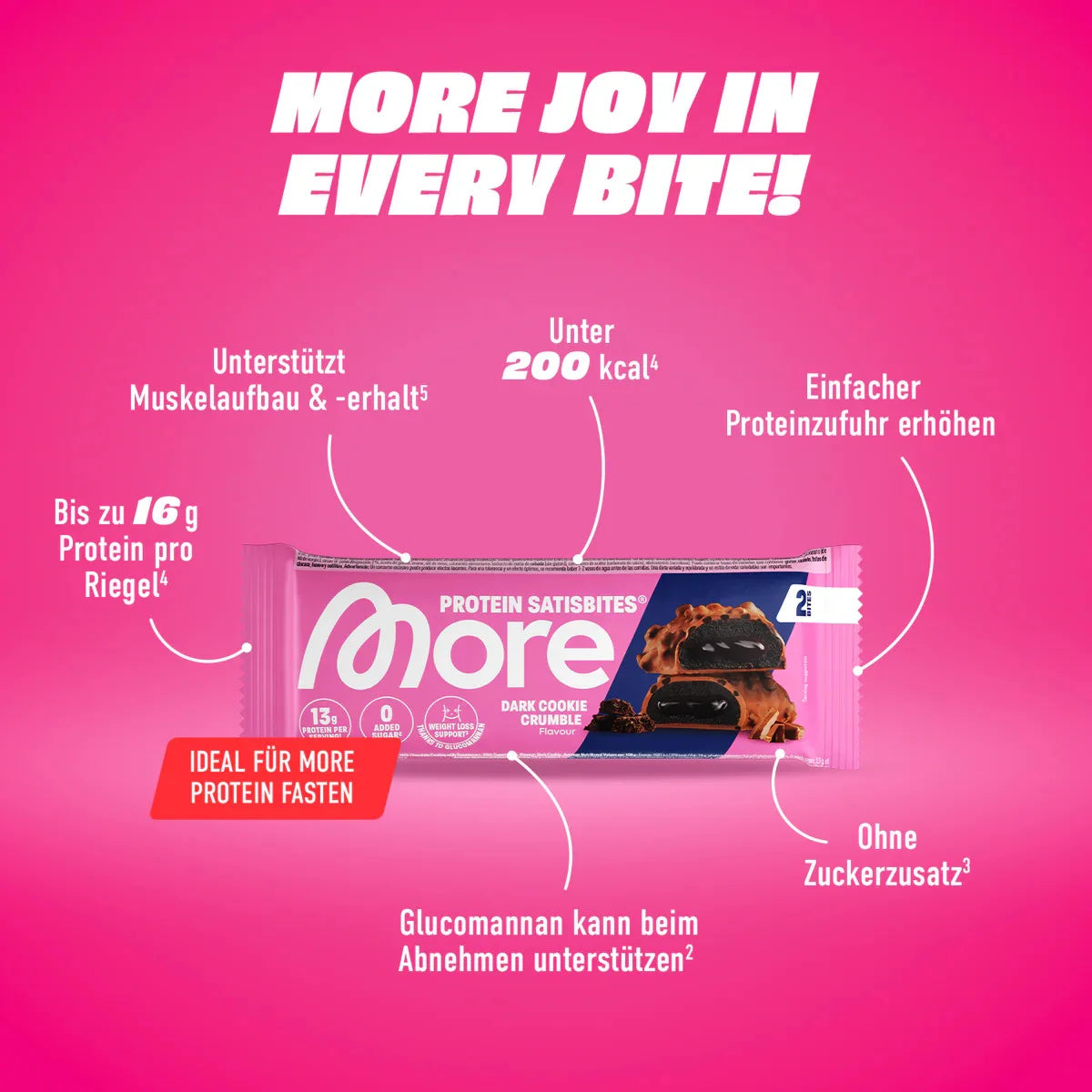 More Nutrition Protein Satisbites 2x25g, Infografik Dark Cookie Crumble mit Angaben und beworbenen Eigenschaften.