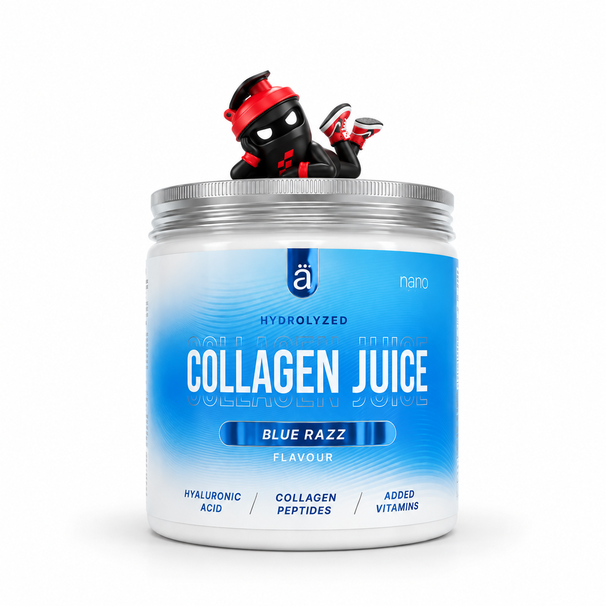 Nano Supps Collagen Juice 300g, Blau-weiße Dose Blue Razz mit Shaker-Maskottchen auf dem Deckel.