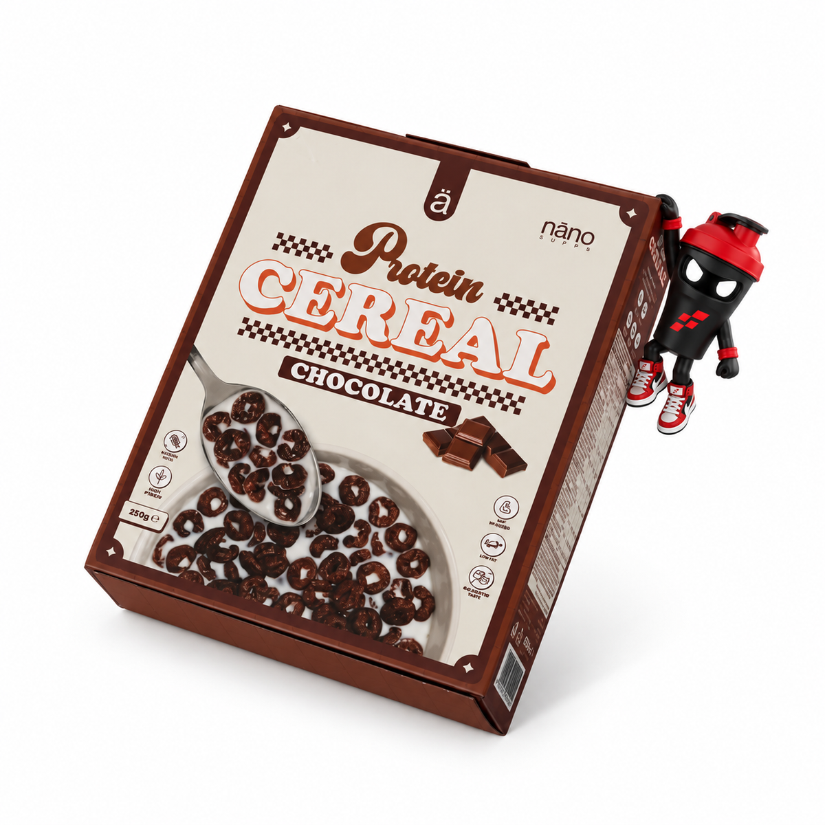 Nano Supps Protein Cereal 250g Choco, Braune Müslischachtel mit Schokoladenringen und Shaker-Maskottchen.