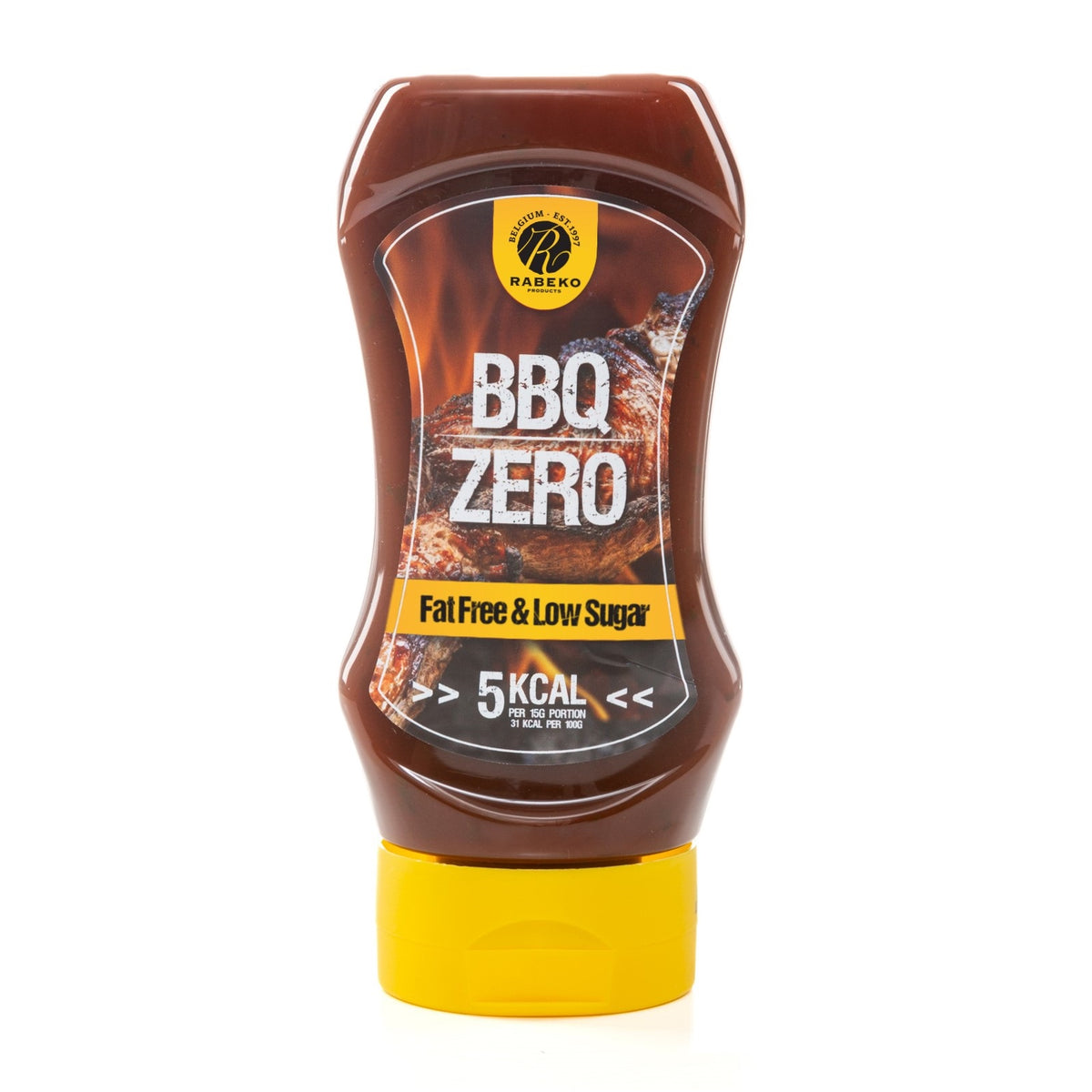 Rabeko Zero Saucen, BBQ, Saucenflasche mit gelbem Deckel.