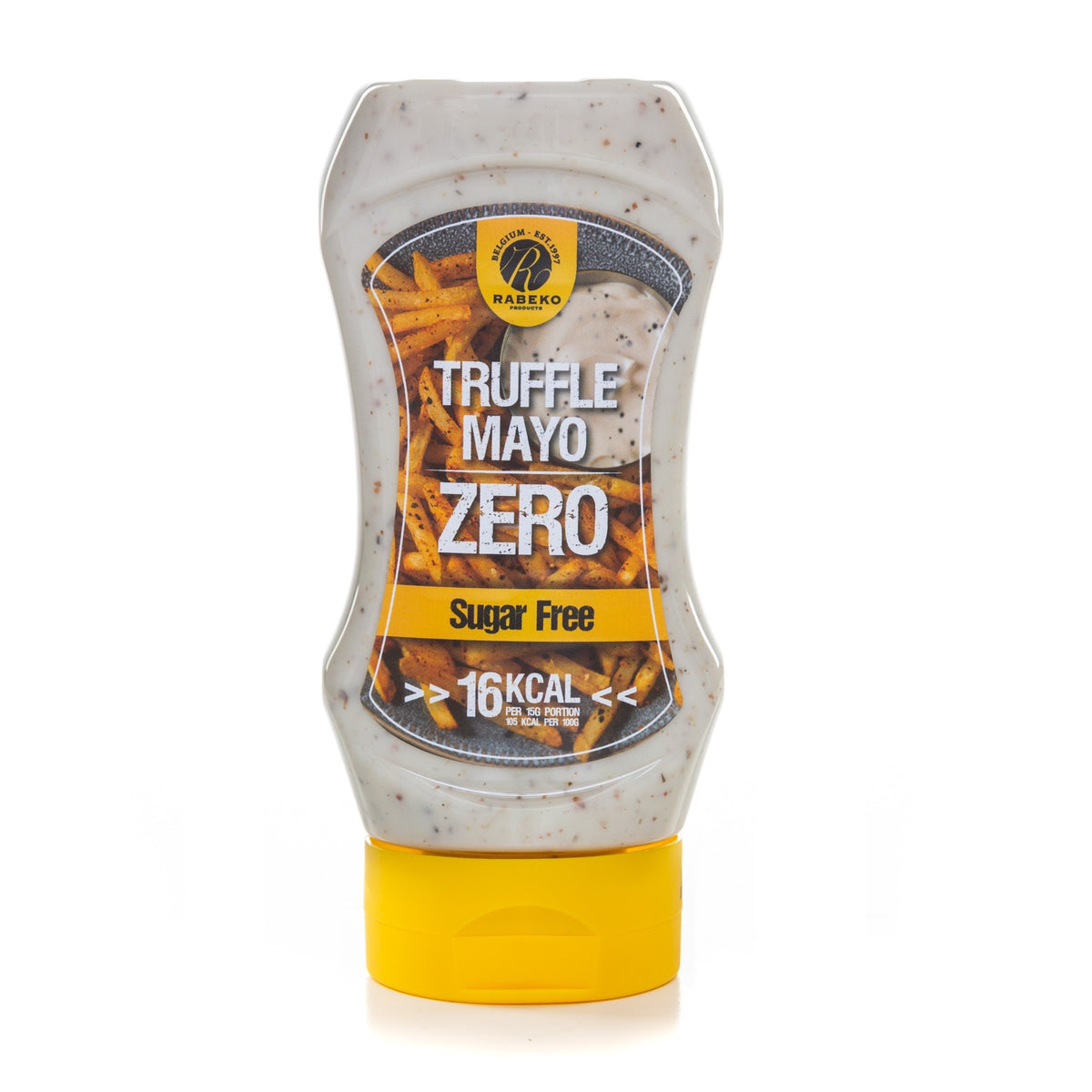 Rabeko Zero Saucen, Truffle Mayo, Saucenflasche mit gelbem Deckel.