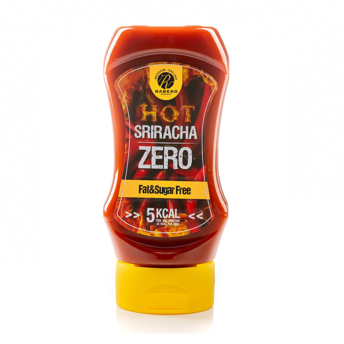 Rabeko Zero Saucen, Hot Sriracha, Saucenflasche mit gelbem Deckel.