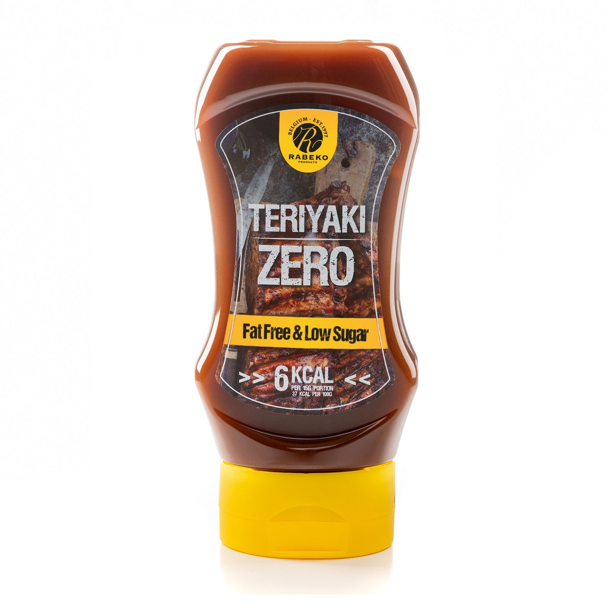 Rabeko Zero Saucen, Teriyaki, Saucenflasche mit gelbem Deckel.