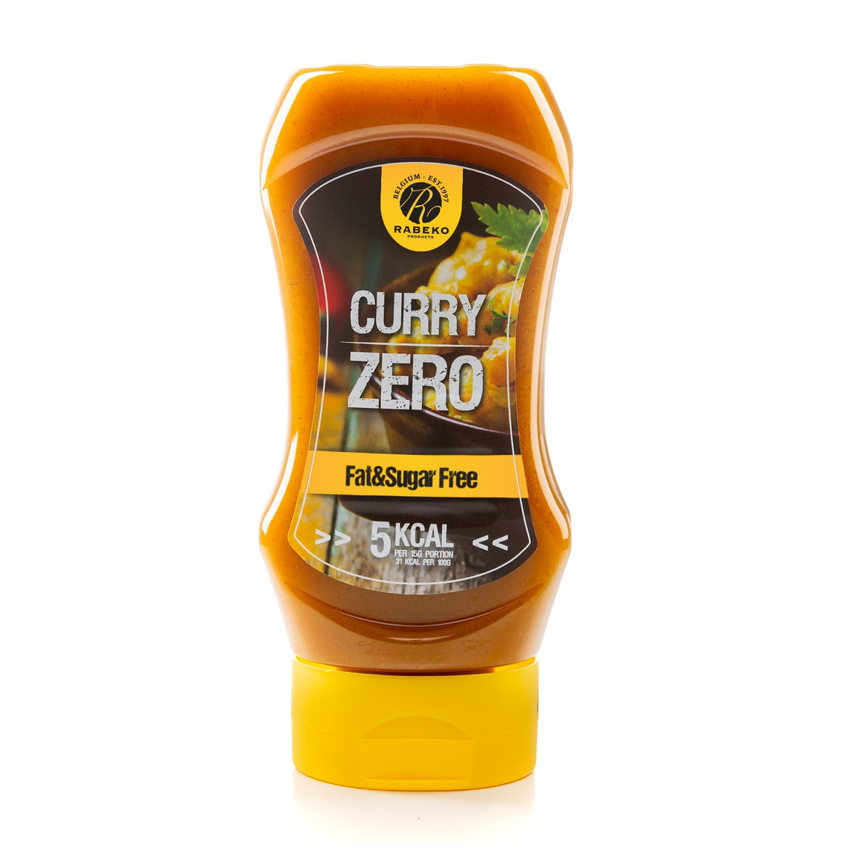 Rabeko Zero Saucen, Curry, Saucenflasche mit gelbem Deckel.