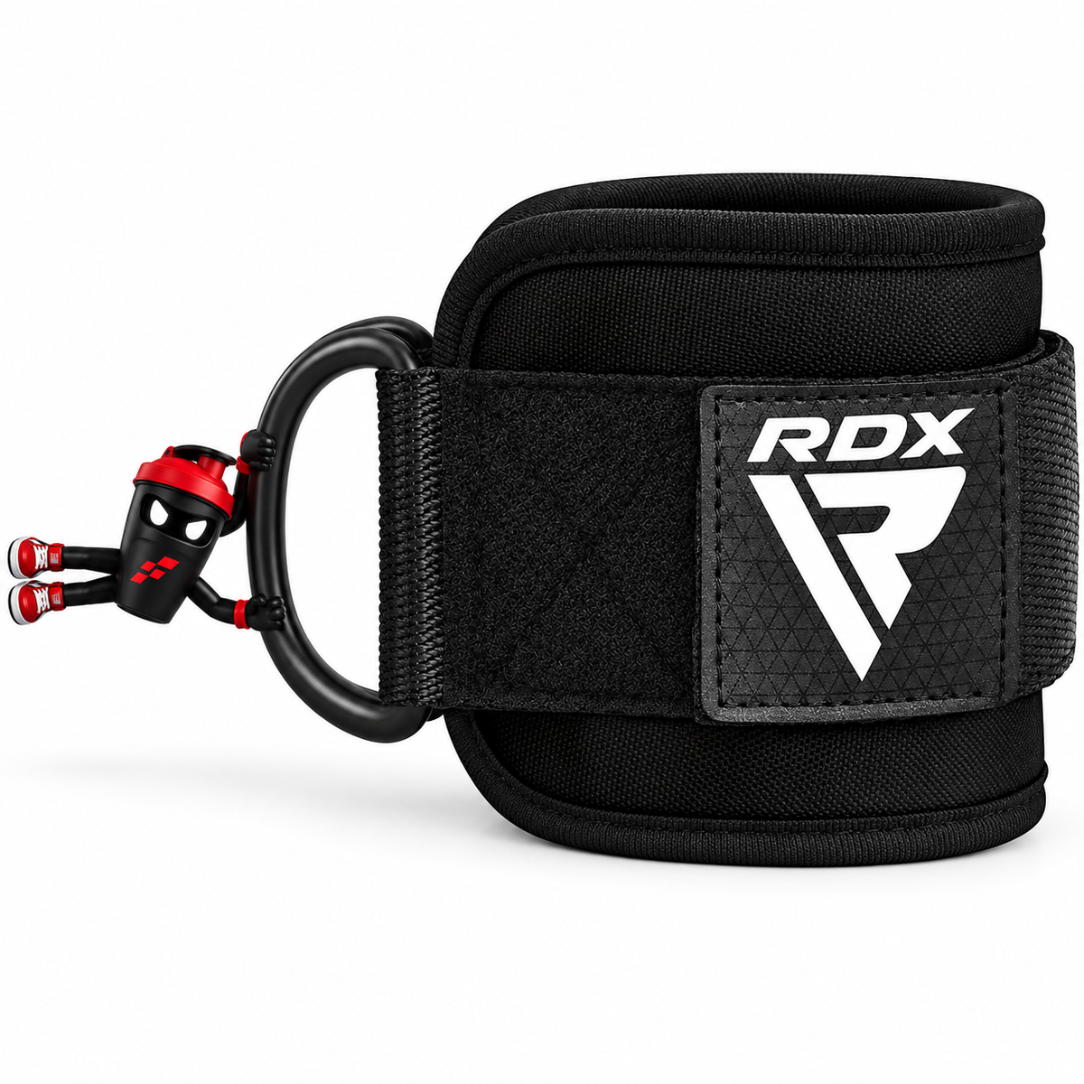 Schwarze RDX Fußschlaufe mit Klettverschluss, Metallringen und Shaker-Maskottchen.