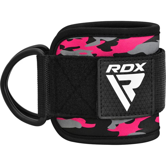 RDX Fußschlaufe in pink-grauem Camouflage-Muster mit schwarzen Metallringen.