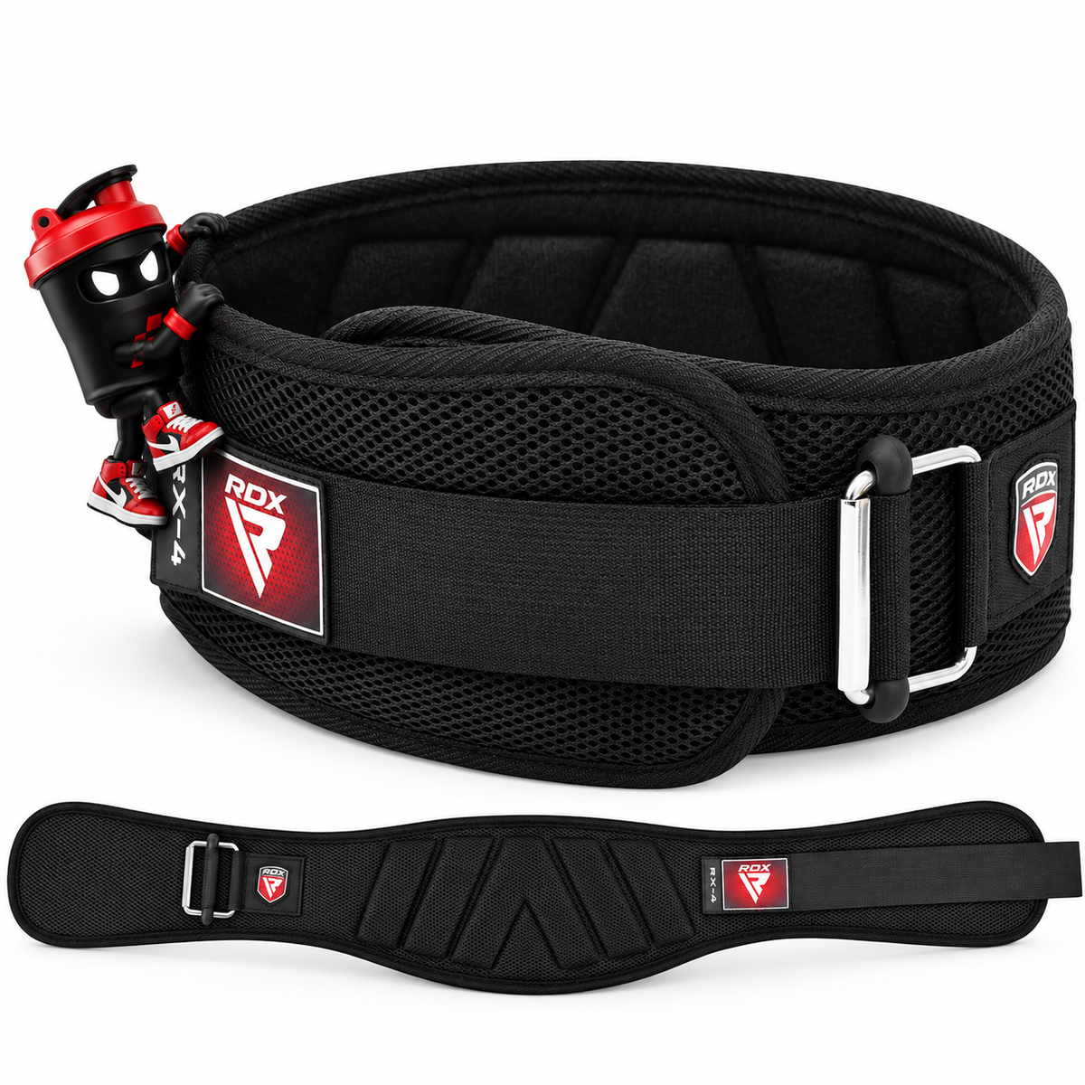 RDX BELT EVA CURVE, Schwarzer Trainingsgürtel, geschlossen und flach ausgelegt, mit Shaker-Maskottchen.