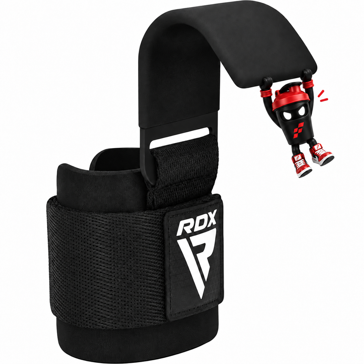 Schwarzer RDX Gewichthebehaken mit gepolsterter Handgelenksmanschette und Shaker-Maskottchen.