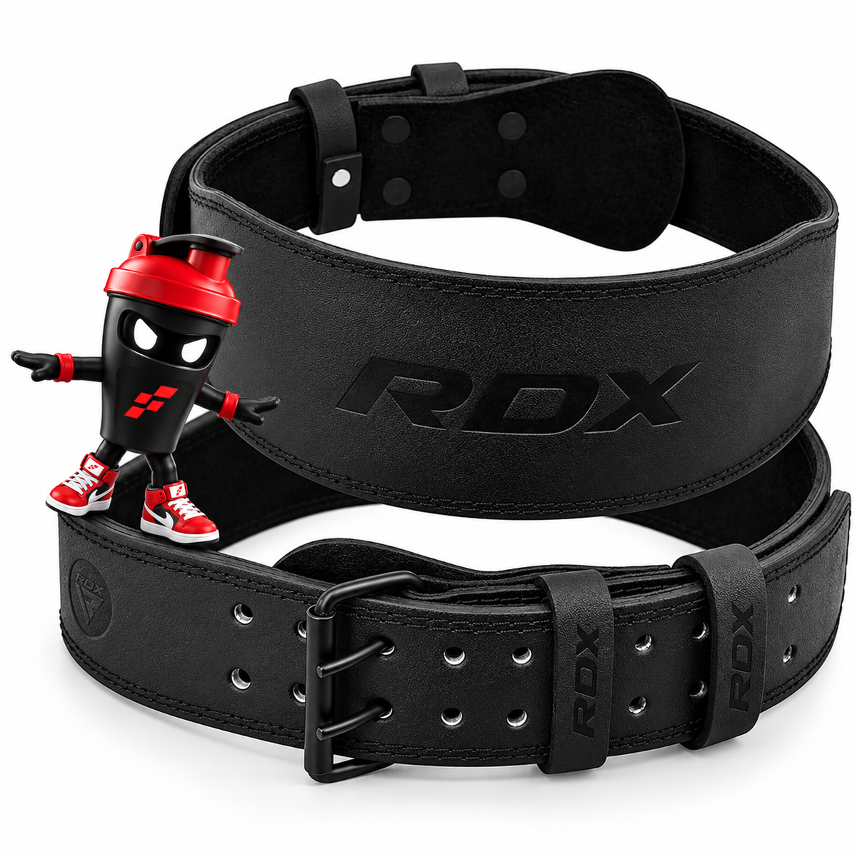 Schwarzer RDX Gewichthebergürtel 4 Zoll mit Doppeldornschnalle und Shaker-Maskottchen.