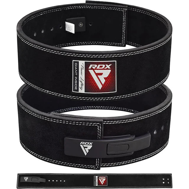RDX Pro Belt in Schwarz, Vorder- und Verschlussansicht sowie flach ausgelegt.