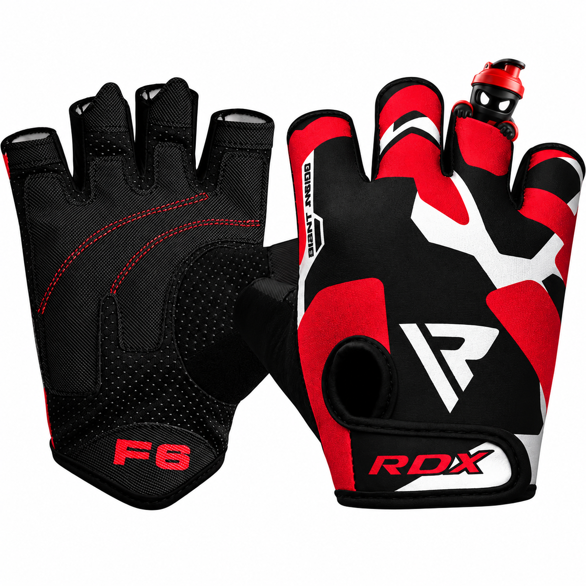 RDX Trainingshandschuhe in Schwarz-Rot-Weiß, Innen- und Außenseite mit Shaker-Maskottchen.