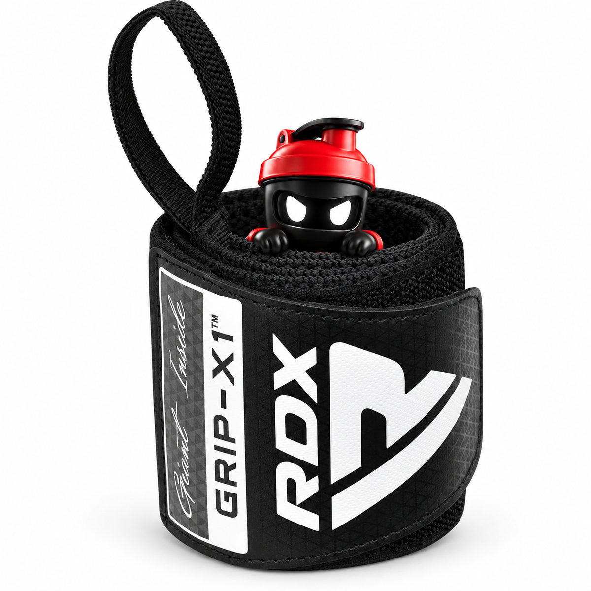 Aufgerollte schwarze RDX Grip-X1 Handgelenkbandage mit Daumenschlaufe und Shaker-Maskottchen.